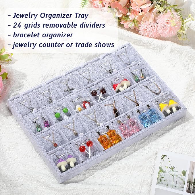2 Pcs 24 Grid Stackable Jewelry Organizer Tray with Removable Dividers Ice Velvet Jewelry Display Showcase Tray for Necklace Earring Ring Bracelet Holder (Gray Velvet) - Image 6