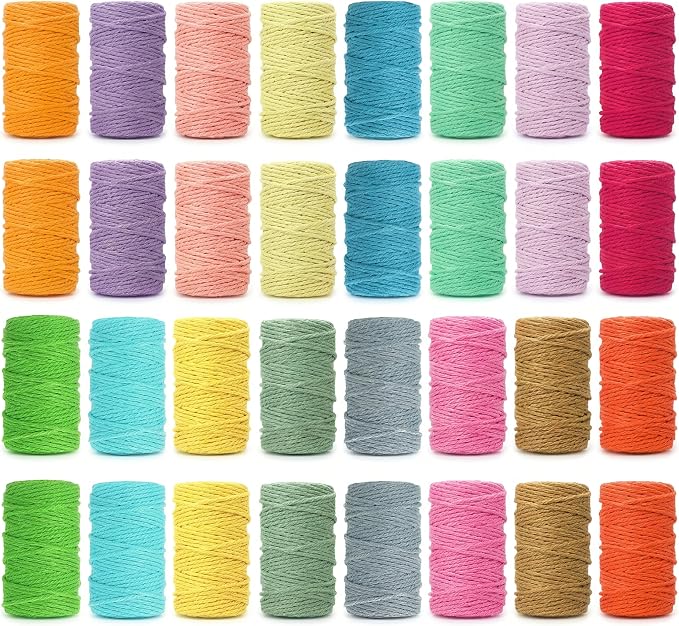 Kenning 32 Rolls Macrame Cord 4 Strand 3 MM x 1760 Yards Natural Cotton Rope Bulk Colored Cotton Craft Cord DIY Twine Colorful Macrame String for Knitting Gift Wrapping Wall Hanging (Light Color) by Kenning