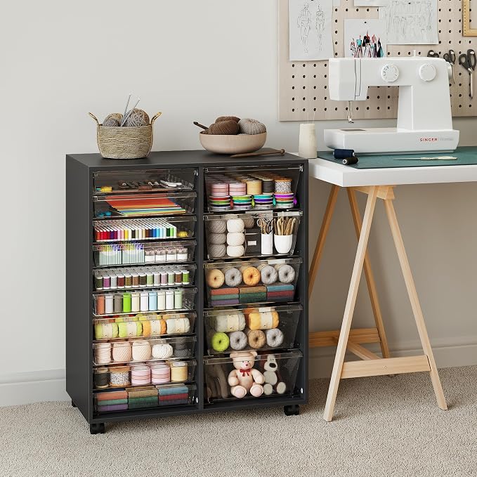 Mobile Storage Cabinet with 15 Clear Drawers, Craft Cabinet with 5 Large Drawers, Cart with Wooden Tabletop, Printer Stand Home Office, Dresser Chest, Modern Black - Image 2
