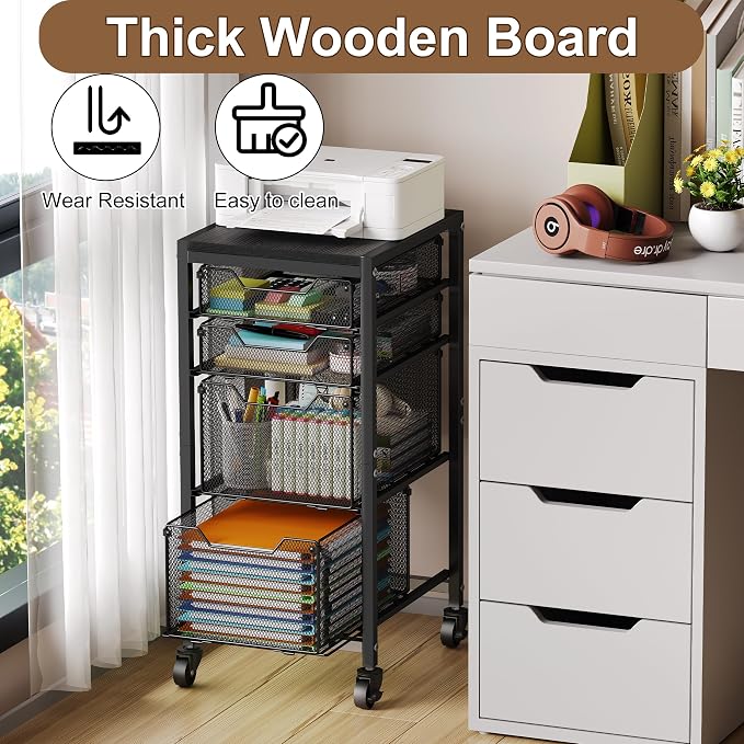 Rolling Storage Cart with Drawers, Under Desk Storage with Wooden Tabletop & Lockable Wheels, 4-Tier Storage Drawers for Bathroom, Craft, Office, Black - Image 5