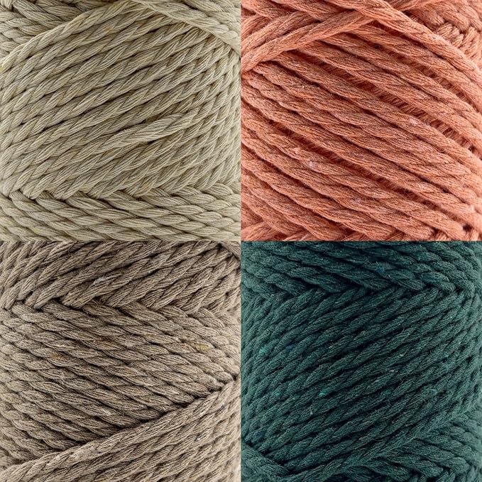 S Sensy 3mm Triple-Cotton Macrame Cord 4 Pack Salmon-Ecru-Forest Green-Latt - Image 2