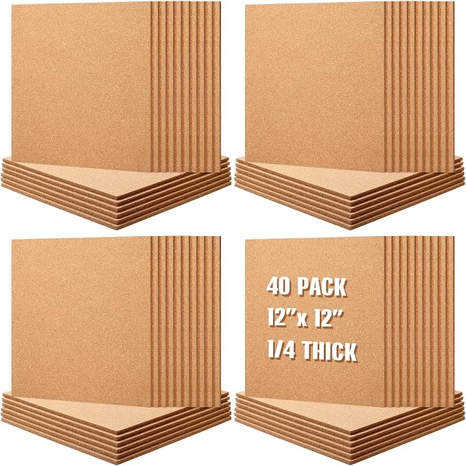 Kosiz 40 Pack Cork Board Square 12" x 12", 1/4" Thick Cork Board Tiles Bulk for Wall Self Adhesive Bulletin Corkboards Tiles Sheet for Wall School Office Home Decoration by Kosiz