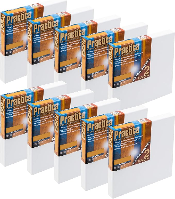 Practica Economy Stretched Cotton Canvas 20-Pack, 20x20 - Acid-Free Acrylic Primed Canvas for Acrylics, Pastels, Graphite, & More! by Practica