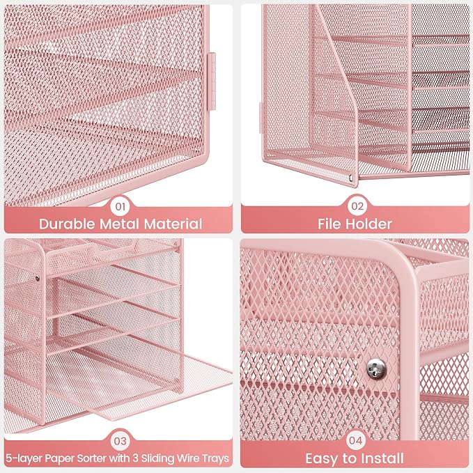 Lavatino Desk Organizer, 5-Tier Metal Mesh Paper Letter Tray with File Holder & 7 Flexible Dividers for Office or Home Desk Organizers and Accessories, Keep Workspace Supplies Neat & Organized, Pink - Image 6