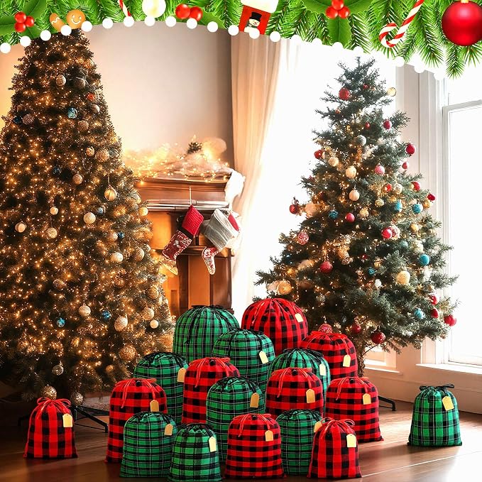 SilTriangle 20 Pcs Buffalo Plaid Christmas Drawstrings Gift Bags Reusable Fabric Christmas Bags Holiday Cotton Bag with Tag Assorted Sizes Holiday Present Bag for Gift Wrapping Storage - Image 5