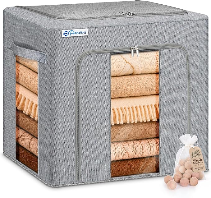 punemi 50L Cashmere Sweater Storage Bag with Cedar Balls, 1 Pack, Grey | Sturdy Steel Frame, Clear Window, for Cashmere, Wool Sweaters & Knitwear, Closet & Bedroom Storage by Punemi