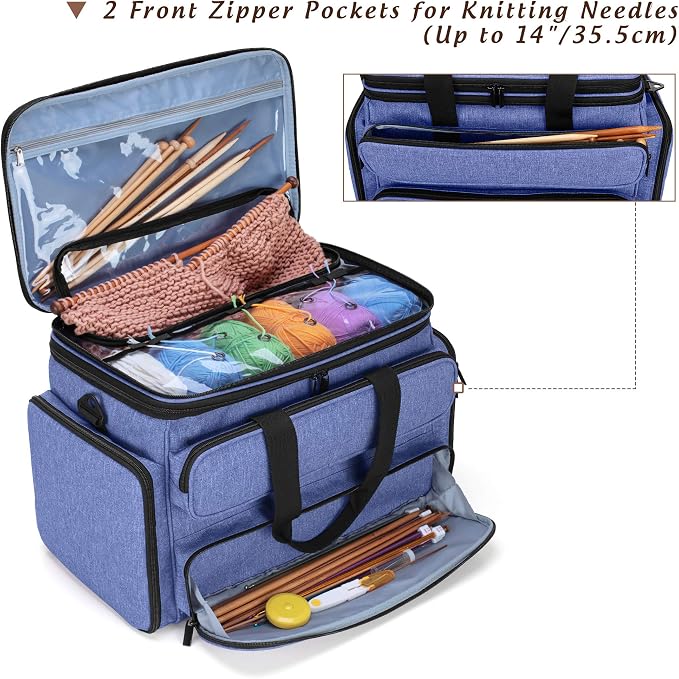 Yarwo Large Crochet Bag Knitting Tote, Yarn Storage Bag with Shoulder Strap | Organizer for Knitting Needles & Crochet Hook(Up to 14”), Clear Top Lid, Unfinished Project Compartment, 4 Yarn Holes, Blue - Image 3
