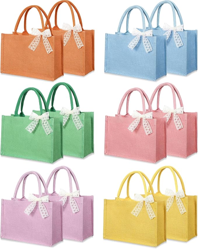 Burlap Tote Bag Mini Jute Reusable Bag with Handle Ribbon Small Blank Canvas Waterproof for Wedding Beach DIY Gift by Cunno