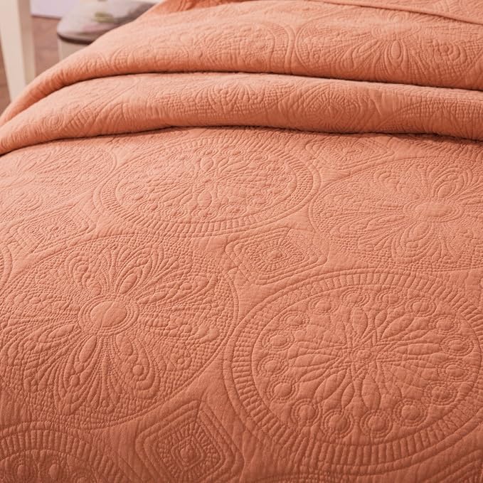 Tache Home Fashion VEJHW-595-CK Tuscany Sunrise Solid Floral Bedspread Set, Orange, California King - Image 2