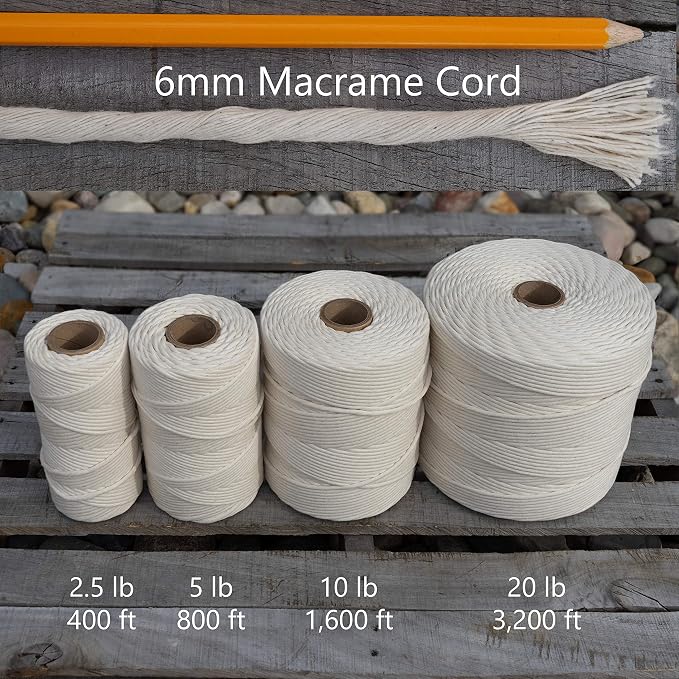 Bulk Macrame Cord | 100% Natural, Unbleached Cotton | Single Twist | Soft | Made in USA (6 mm x 10 lb Cone) - Image 4
