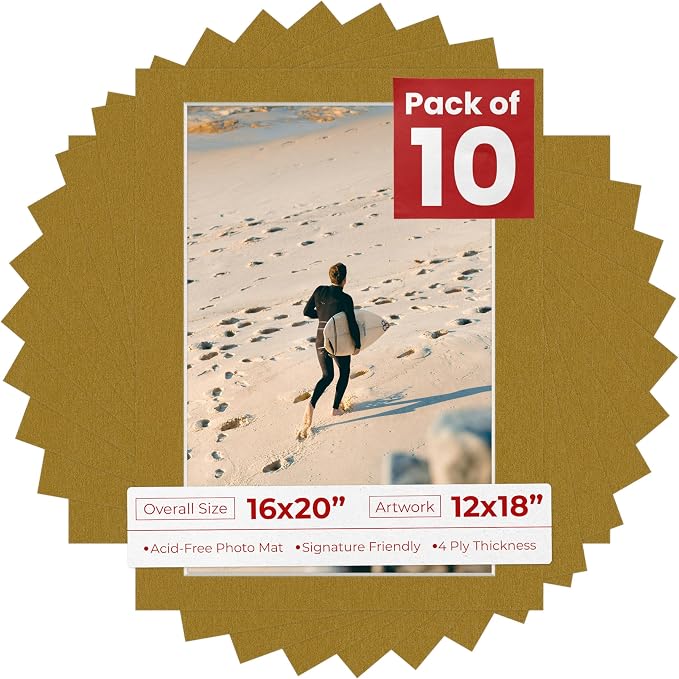 12x18 Mat for 16x20 Frame - Precut Mat Board Acid-Free Metallic Gold 12x18 Photo Matte For a 16x20 Picture Frame, Premium Matboard for Family Photos, Show Kits, Art, Picture Framing, Pack of 10 Mats by PosterPalooza