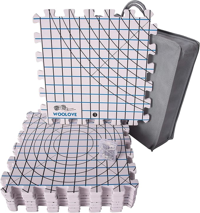 Blocking Mats for Wet and Steam Blocking with Grids and Radial Circles for Curved Projects - 1 cm Thickness - Set of 9 Marked with Numbers Includes 50 t pins and Storage Bag by WOOLOVE