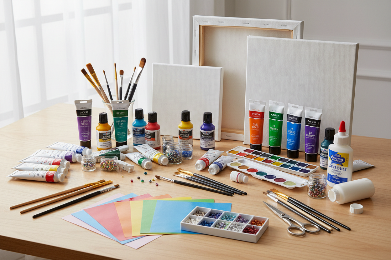 Art & Craft Supplies: Paints, brushes, canvases, and craft kits for every skill level. (make it real photo)